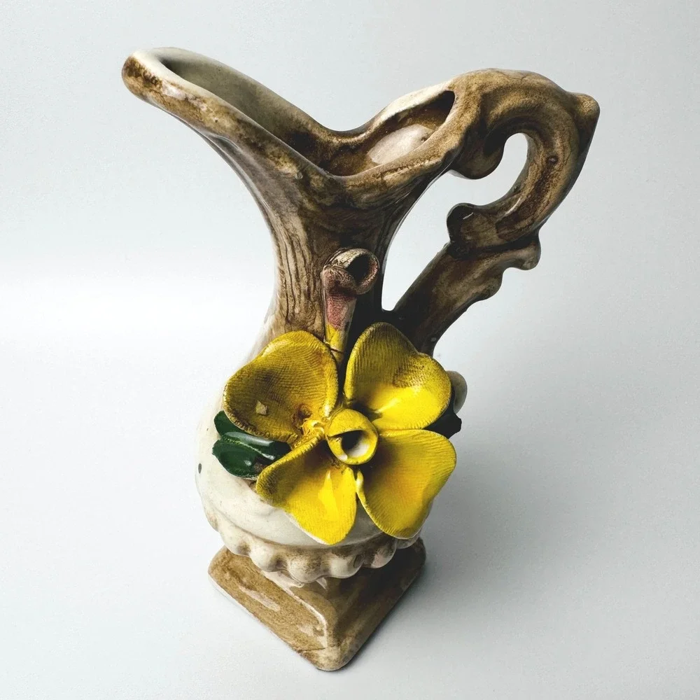 Vintage Capodimonte Italy Nuova Mini Ewer Pitcher Vase Applied Yellow Flower 4